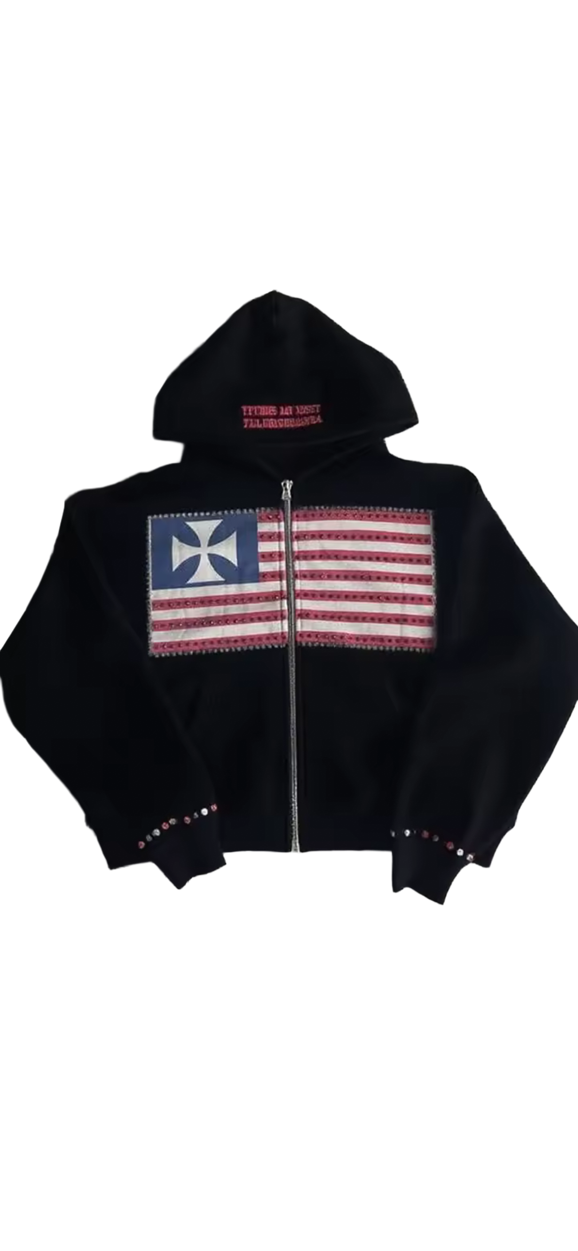 Culture-clash cool. No filter needed. A bold rework of iconic symbols, finished with sharp hardware. Throw it on and own the look—this piece is built for those who break the mold, not follow it.