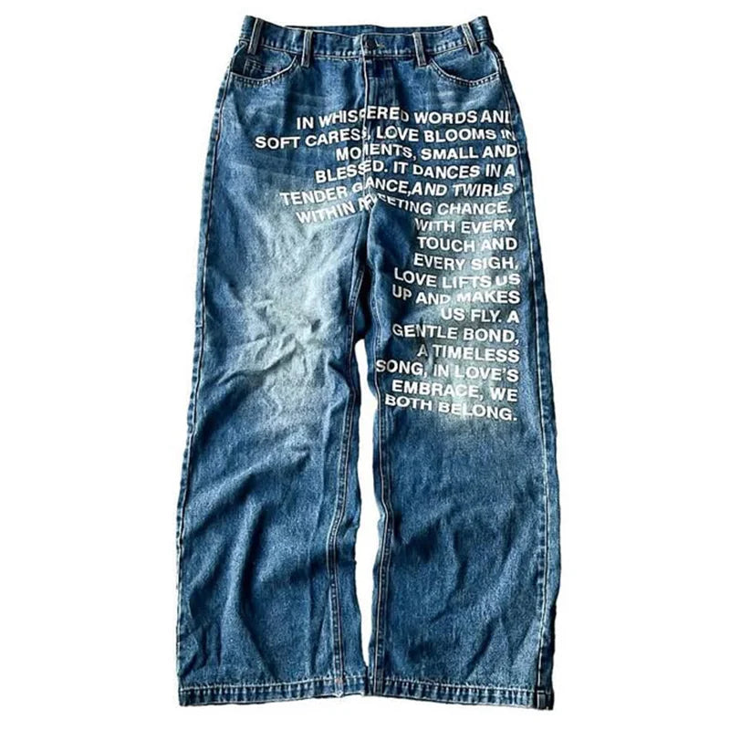 Denim with a declaration. These aren't just wide-leg jeans; they're wearable poetry. The bold, all-over text is an instant head-turner, contrasting with a vintage wash. A fit that’s as loud as your feelings.