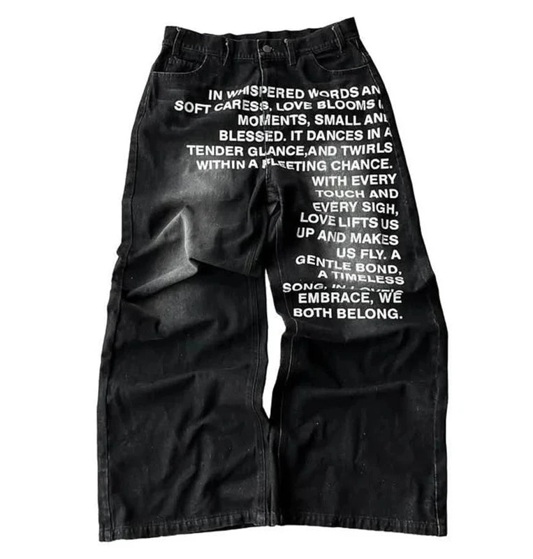 Denim with a declaration. These aren't just wide-leg jeans; they're wearable poetry. The bold, all-over text is an instant head-turner, contrasting with a vintage wash. A fit that’s as loud as your feelings.