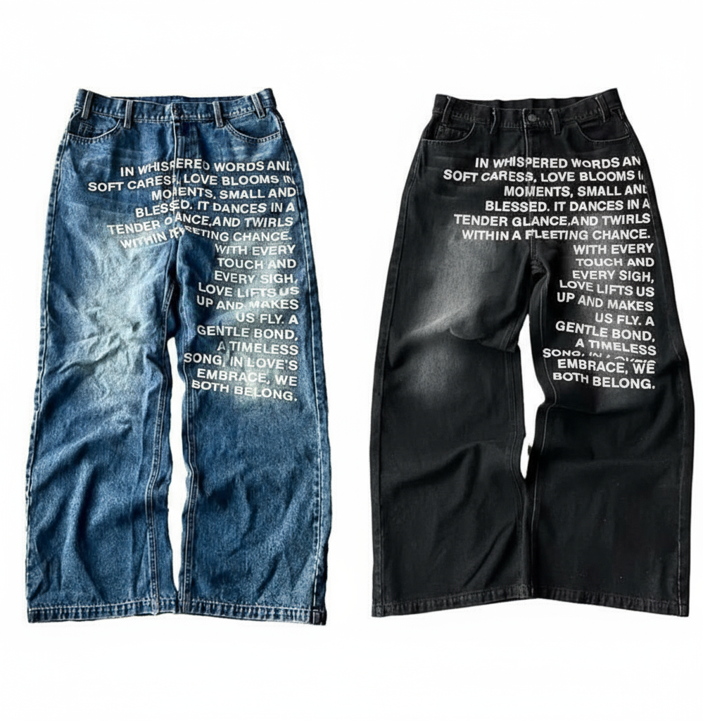 Denim with a declaration. These aren't just wide-leg jeans; they're wearable poetry. The bold, all-over text is an instant head-turner, contrasting with a vintage wash. A fit that’s as loud as your feelings.